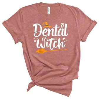 Dental Witch Hats Halloween Broom Stick Ghost Dentist Unisex Crewneck Soft Tee - Seseable