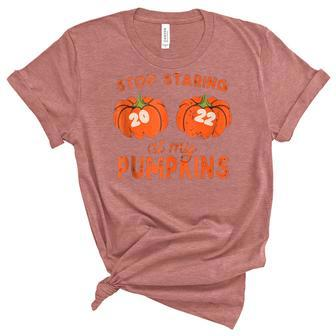Funny 2022 Stop Staring At My Pumpkins Halloween Fall Womens Women's Short Sleeve T-shirt Unisex Crewneck Soft Tee - Thegiftio UK