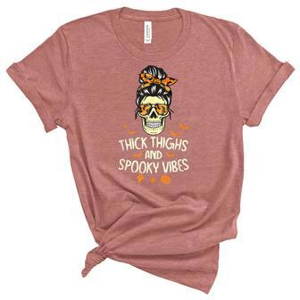 Funny Thick Thighs & Spooky Vibes Skull Messy Bun Halloween V3 Unisex Crewneck Soft Tee - Seseable