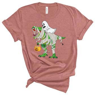 Ghost Riding T Rex Mummy Dinosaur Halloween Unisex Crewneck Soft Tee - Seseable