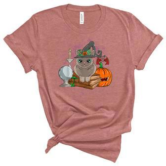 Grey Cat Witch Halloween Crystal Ball Books Bat Unisex Crewneck Soft Tee - Seseable