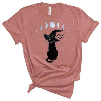 Halloween Black Cat With Witch Hat And Phases Of The Moon Unisex Crewneck Soft Tee - Seseable