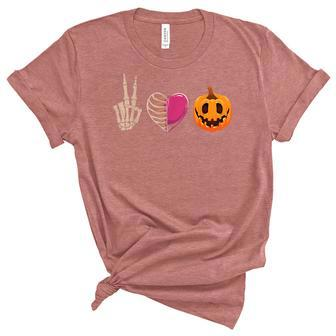 Halloween Skeleton Peace Love Pumpkin Leopard Heart Apparel Unisex Crewneck Soft Tee - Seseable