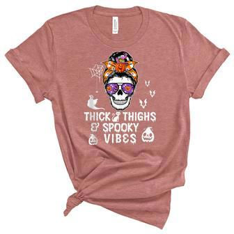 Halloween Skull Messy Bun Thick Thighs And Spooky Vibes Unisex Crewneck Soft Tee - Seseable