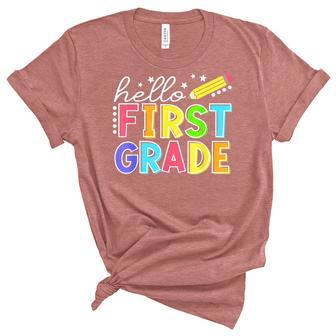 Hello First Grade Team 1St Grade Back To School Teacher Kids V2 Unisex Crewneck Soft Tee - Seseable