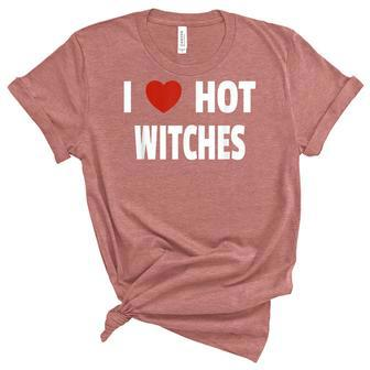 I Love Hot Witches Matching Couples Halloween Costume Unisex Crewneck Soft Tee - Seseable