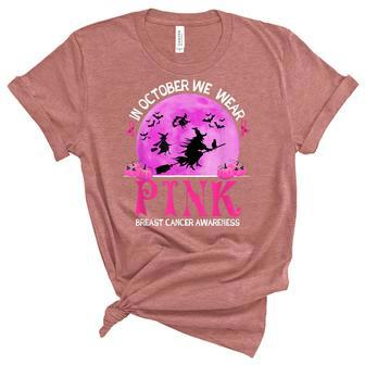 In October We Wear Pink Breast Cancer Awareness Funny Witch  Unisex Crewneck Soft Tee