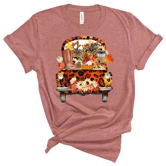 Leopard Pumpkin Truck Fall Autumn Thanksgiving Halloween Unisex Crewneck Soft Tee - Seseable