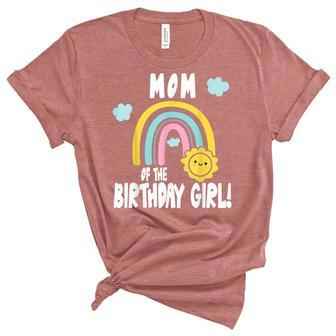 Rainbows & Sunshine Party Mom Of The Birthday Girl Unisex Crewneck Soft Tee - Seseable