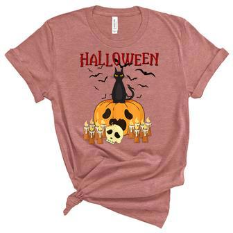 Scary Pumpkin And Black Cat Halloween Trick Or Treat Unisex Crewneck Soft Tee - Seseable