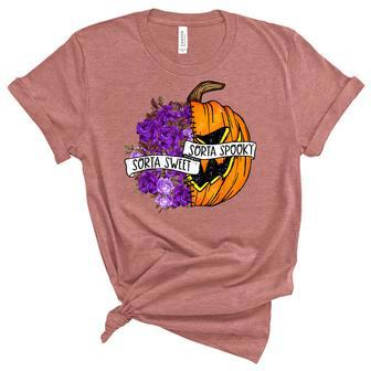 Sorta Sweet Sorta Spooky Flower Pumpkin Spooky Halloween Unisex Crewneck Soft Tee - Seseable