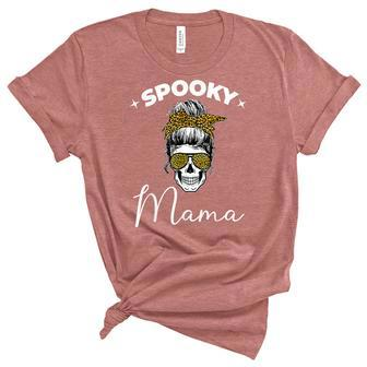 Spooky Mama Skull Messy Bun Glasses Leopard Halloween V2 Unisex Crewneck Soft Tee - Seseable