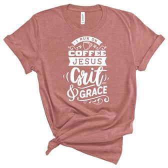 Strong Woman I Run On Coffee Jesus Grit And Grace White Women's Short Sleeve T-shirt Unisex Crewneck Soft Tee - Seseable