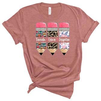 Teach Love Inspire Funny Leopard Pencil Back To School Unisex Crewneck Soft Tee - Thegiftio
