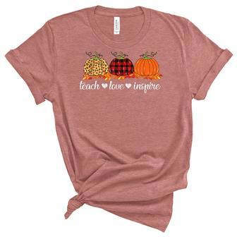 Teach Love Inspire Teacher Autumn Fall Pumpkin Leopard Plaid V2 Unisex Crewneck Soft Tee - Seseable