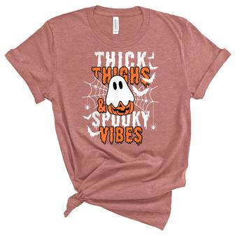 Thick Thighs And Spooky Vibes Funny Ghost Pumpkin Halloween Unisex Crewneck Soft Tee - Seseable