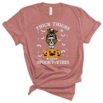 Thick Thighs And Spooky Vibes Messy Bun Women Halloween Unisex Crewneck Soft Tee - Seseable