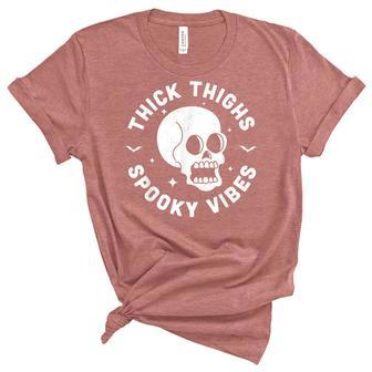 Thick Thighs Spooky Vibes Funny Halloween Skull Workout Gym Women's Short Sleeve T-shirt Unisex Crewneck Soft Tee - Seseable