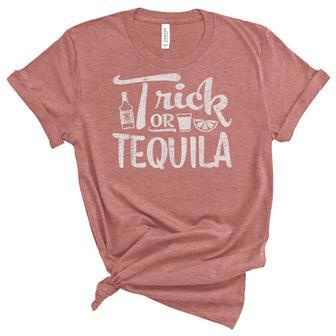 Womens Funny Trick Or Tequila Halloween Drinking Unisex Crewneck Soft Tee - Seseable