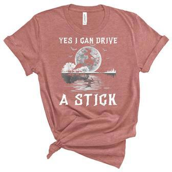 Yes I Can Drive A Stick Halloween Witch Riding Broomstick Unisex Crewneck Soft Tee - Seseable