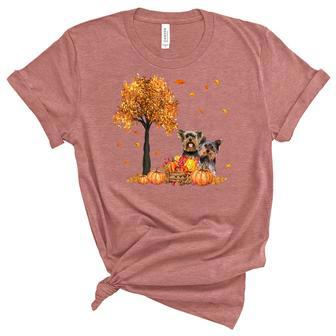 Yorkies Autumn Leaf Fall Dog Lover Thanksgiving Halloween Unisex Crewneck Soft Tee - Seseable