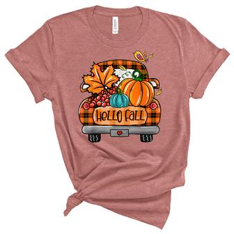 Hello Fall Orange Plaid Truck Pumpkin Funny Fall Autumn  Unisex Crewneck Soft Tee