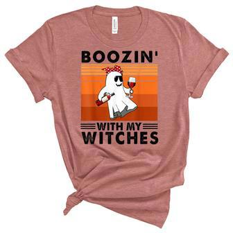 Boozin With My Witches Halloween Boo Ghost Vintage Unisex Crewneck Soft Tee - Thegiftio UK