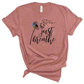 Butterfly Just Breathe Awsome Dandelion Design Women's Short Sleeve T-shirt Unisex Crewneck Soft Tee - Seseable