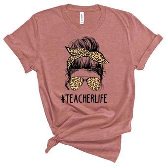 Classy Teacher Life Messy Hair Bun Leopard Women Mothers Day Unisex Crewneck Soft Tee - Thegiftio