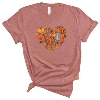 Fall Heart Pumpkins Flowers Women's Short Sleeve T-shirt Unisex Crewneck Soft Tee - Seseable