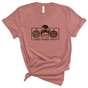Grateful Thankful Blessed Messy Bun Girl Pumpkin Fall Women's Short Sleeve T-shirt Unisex Crewneck Soft Tee - Seseable