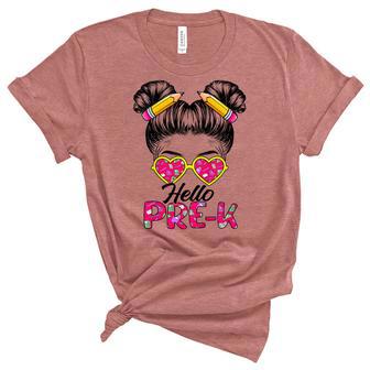 Kids Hello Pre-K Messy Bun Girls Back To School Tie Dye Girls Unisex Crewneck Soft Tee - Thegiftio UK