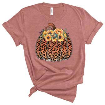 Leopard Pumpkin Womens Halloween Sunflowers Thanksgiving Unisex Crewneck Soft Tee - Seseable