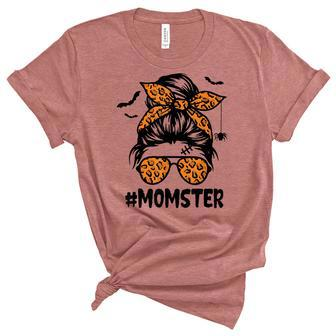 Momster For Women Halloween Mom Messy Bun Leopard Unisex Crewneck Soft Tee - Seseable