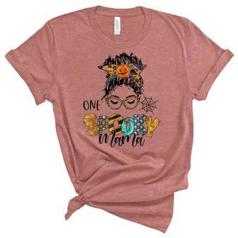 One Spooky Mama For Halloween Messy Bun Mom Monster Bleached Unisex Crewneck Soft Tee - Seseable