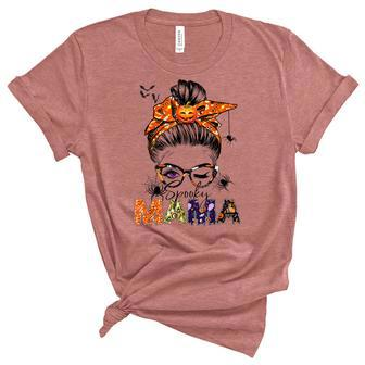 One Spooky Mama For Halloween Messy Bun Mom Monster Bleached V2 Unisex Crewneck Soft Tee - Seseable