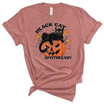Retro Black Cat Apothecary And Pumpkin Halloween Vintage Unisex Crewneck Soft Tee - Seseable