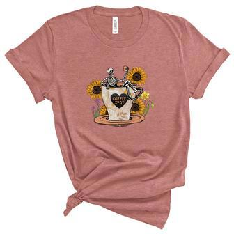 Skeleton And Plants Coffee And Spot Skeleton Drink Coffee Women's Short Sleeve T-shirt Unisex Crewneck Soft Tee - Seseable