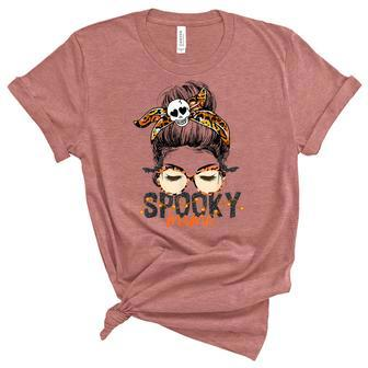 Spooky Mama Halloween Costume Skull Mom Leopard Messy Bun Unisex Crewneck Soft Tee - Seseable