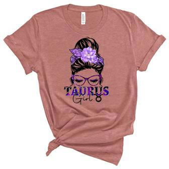 Taurus Girl Birthday Messy Bun Hair Purple Floral Unisex Crewneck Soft Tee - Seseable