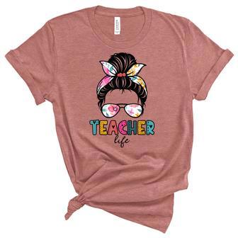 Teacher Life First Day Of School Messy Bun Teachers Day Unisex Crewneck Soft Tee - Thegiftio