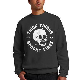 Thick Thighs Spooky Vibes Funny Halloween Skull Workout Gym Men Crewneck Graphic Sweatshirt - Seseable