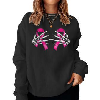 Boob Skeleton Hand On Breast Cancer Ribbon Halloween Womens V2 Women Crewneck Graphic Sweatshirt - Thegiftio UK
