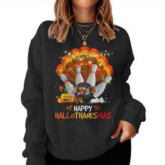 Bowling Halloween And Merry Christmas Happy Hallothanksmas Women Crewneck Graphic Sweatshirt - Thegiftio UK