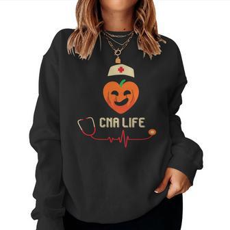 Cna Life Nurse Heartbeat Job Fall Pumpkin Women Crewneck Graphic Sweatshirt - Seseable