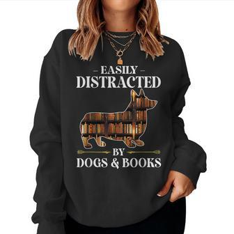 Easily Distracted By Dogs & Books Corgi Dog Mom Dog Dad V2 Women Crewneck Graphic Sweatshirt - Thegiftio UK