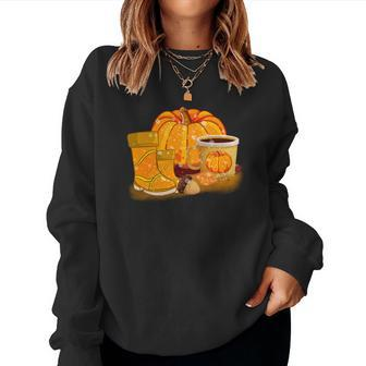 Fall Weather Sweater Pumpkin Shoes Coffee Pumpkin Spice Women Crewneck Graphic Sweatshirt - Seseable