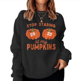Funny 2022 Stop Staring At My Pumpkins Halloween Fall Womens Women Crewneck Graphic Sweatshirt - Thegiftio UK