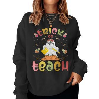 Groovy Halloween Trick Or Teach Retro Floral Ghost Teacher V2 Women Crewneck Graphic Sweatshirt - Thegiftio UK