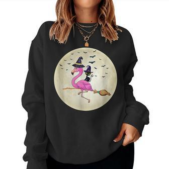 Halloween Moon Black Cat Witch Flamingo Witch Horror Women Crewneck Graphic Sweatshirt - Thegiftio UK